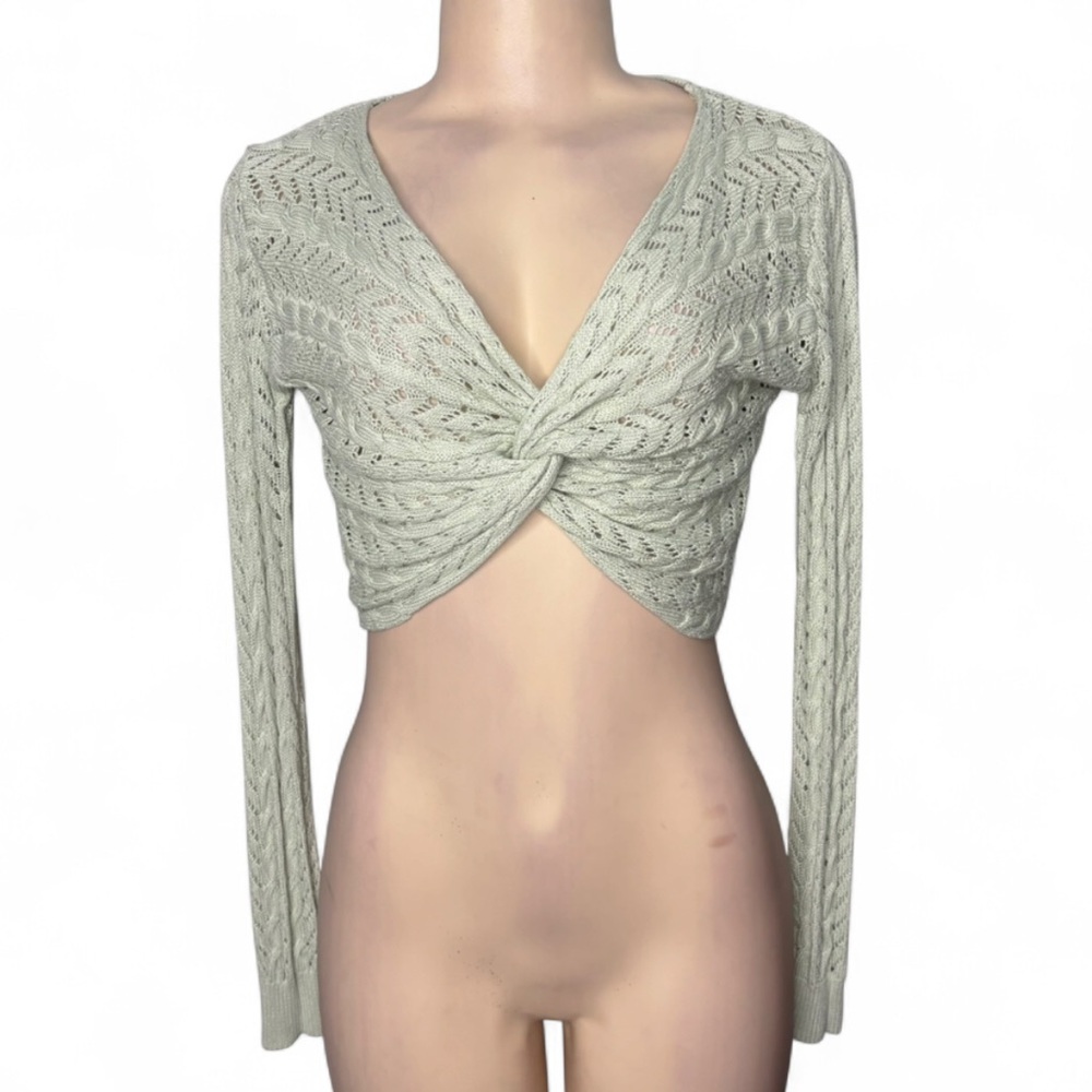 Sage Green Knit Twist Front Long Sleeve Sheer Crop Top